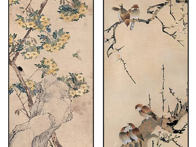 Traditional Chinese Flower and Bird Painting With Birds Perched on Branches and Blooming Flowers 3d model