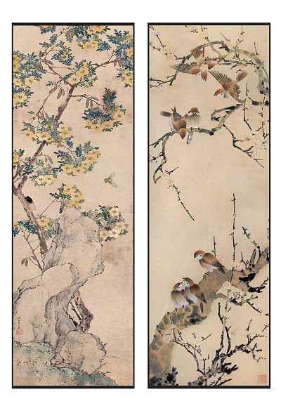 Traditional Chinese Flower and Bird Painting With Birds Perched on Branches and Blooming Flowers 3d model