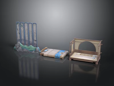 Chinese Style Furniture with Landscape Pattern Screen Blue Cushioned Couch and Circular Window Bed 3d model