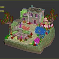 Cartoon Villa Scene with Solar Panels Garden Pool Trees and Outdoor Lounge Chairs
