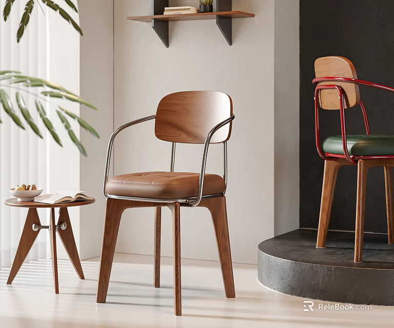 Modern Wooden Dining Chairs With Leather Seats Metal Legs And Armrests Design 3d model 