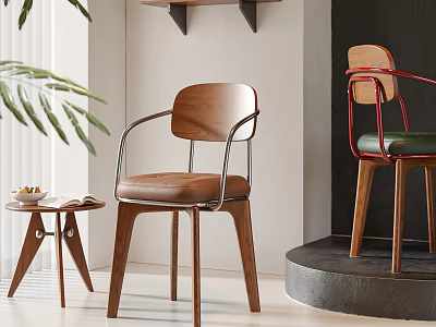 Modern Wooden Dining Chairs With Leather Seats Metal Legs And Armrests Design 3d model
