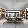 Modern Clothing Store Interior With Well Lit Shelves Hanging Clothes Marble Floor And Display Tables