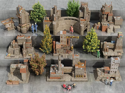 Detailed Industrial Factory Miniature Model Featuring Brick Towers Figurines And Green Trees 3d model