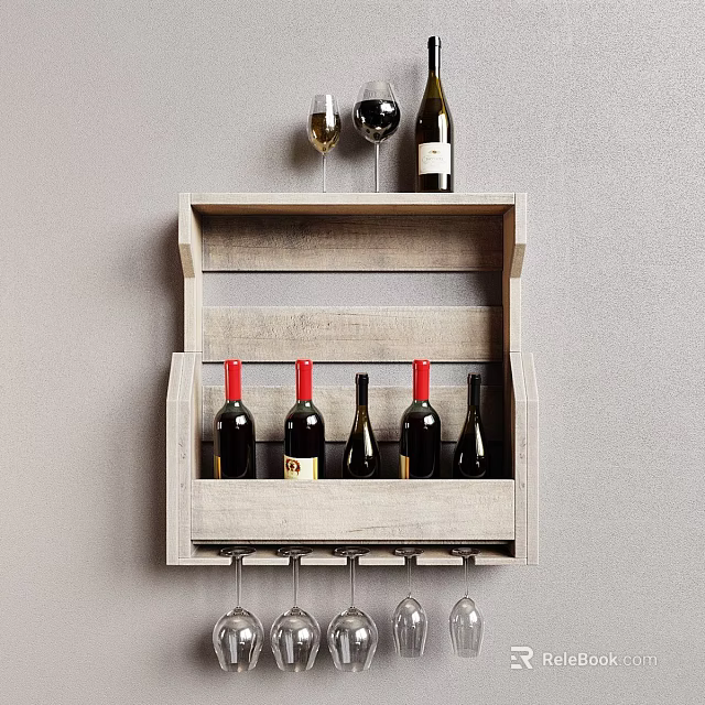 Wooden Wall Mounted Wine Rack With Red Wine Bottles And Hanging Glasses 3d model 