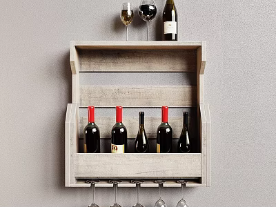 Wooden Wall Mounted Wine Rack With Red Wine Bottles And Hanging Glasses 3d model