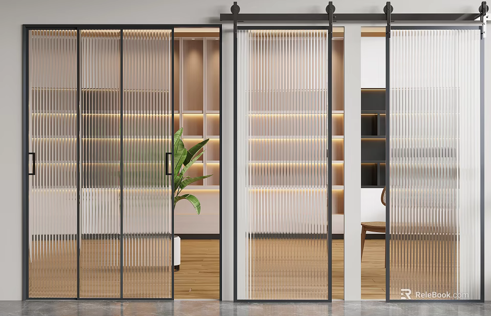 Modern Sliding Doors With Vertical Striped Glass Interior Design Wooden Floor Bookshelves And Green Plant 3d model 