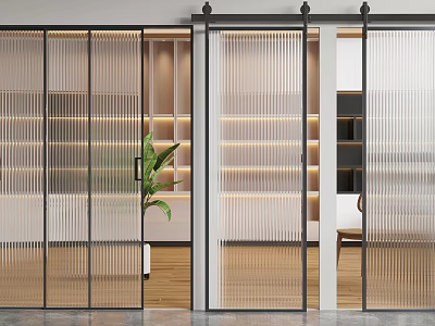 Modern Sliding Doors With Vertical Striped Glass Interior Design Wooden Floor Bookshelves And Green Plant 3d model