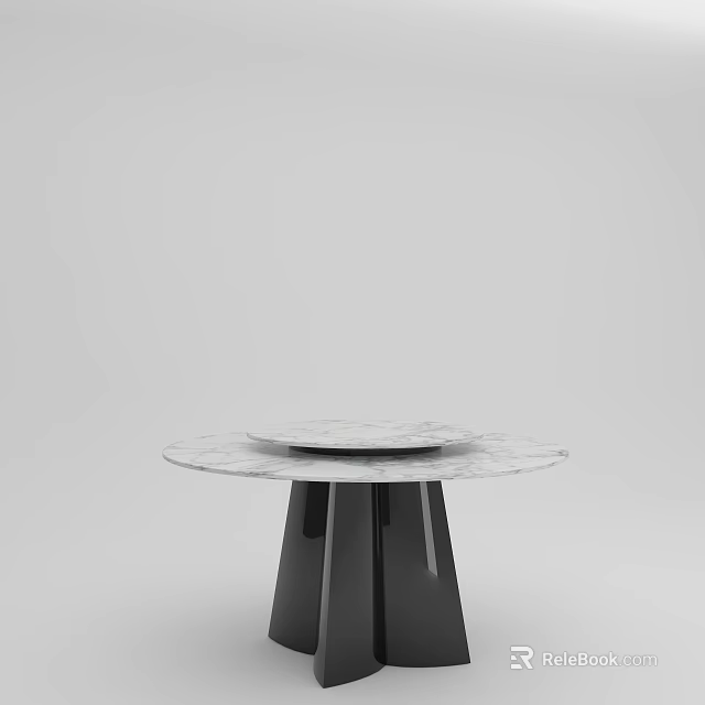 Round Marble Dining Table With Double Circular Tiers And Black Geometric Base 3d model