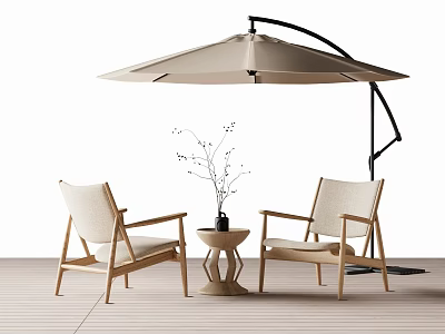 Outdoor Patio Chairs With Wooden Frame Beige Cushions Small Side Table And Large Umbrella 3d model