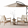 Outdoor Patio Chairs With Wooden Frame Beige Cushions Small Side Table And Large Umbrella