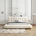 Beige Double Bed with Thick Headboard and Gray Bedding in Modern Room with Geometric Carpet