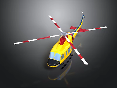 Yellow Aerospace Helicopter With Red White Rotors Against Black Background 3d model