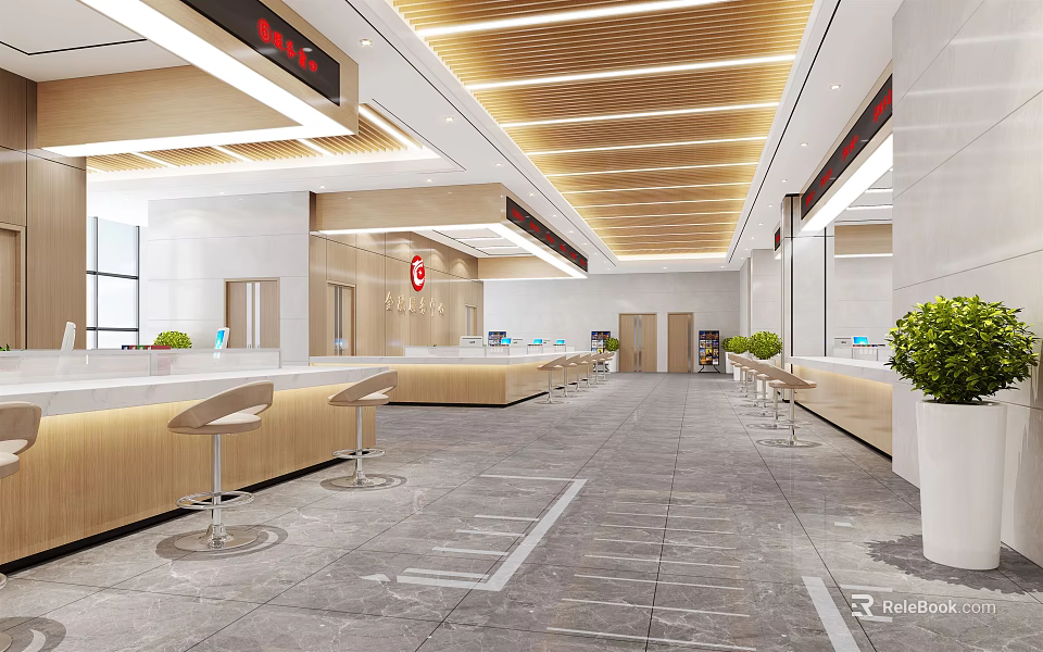 Modern Spacious Bright Service Hall Interior Design With Counters Stools And Green Plants 3d model