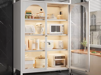 Elegant White Glass Door Cabinet With Lighting Displaying Kitchen Ornament Combination Set 3d model