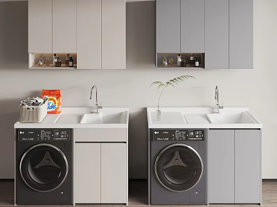 Double Modern Bathroom Vanity Cabinet With Sink Faucet Washing Machine And Gray Cabinets 3d model