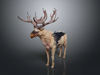 Detailed Mythical Winged Deer Creature With Large Antlers And Feathered Wings 3d model