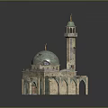Traditional Mosque Building With Green Dome Minaret Arched Windows And Stone Base