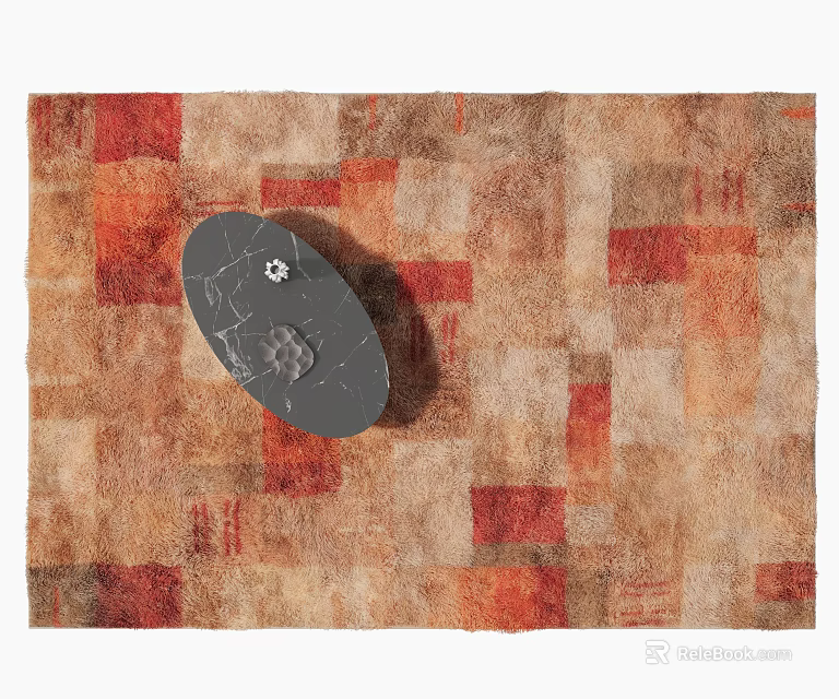 Square Carpet With Patchwork Design In Brown Red And Beige Tones And Gray Oval Tray 3d model 