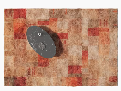Square Carpet With Patchwork Design In Brown Red And Beige Tones And Gray Oval Tray 3d model