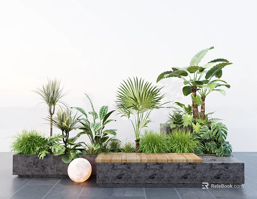 Modern Landscape Seat With Wooden Bench Stone Base And Lush Tropical Green Plants 3d model 