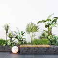 Modern Landscape Seat With Wooden Bench Stone Base And Lush Tropical Green Plants