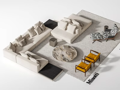 Modern L Shaped Sofa and Marble Coffee Table Set with Geometric Rug and Accent Chairs 3d model