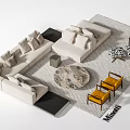 Modern L Shaped Sofa and Marble Coffee Table Set with Geometric Rug and Accent Chairs