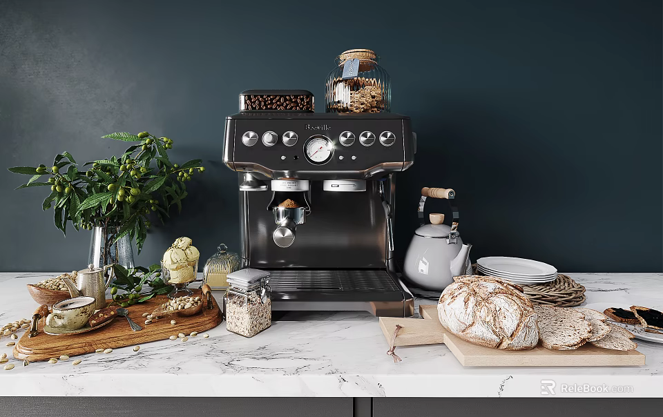 Stylish Kitchen Coffee Machine With Marble Countertop Bread Nut Jars And Teapot 3d model 