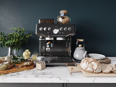 Stylish Kitchen Coffee Machine With Marble Countertop Bread Nut Jars And Teapot 3d model