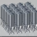 Multiple Silver Metal Industrial Storage Tanks With Conical Bottom And Support Legs 3d model