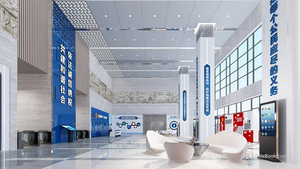 Government Service Hall Spacious Bright Interior With Large Windows White Pillars Blue Signs Seating Areas 3d model 