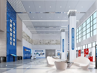 Government Service Hall Spacious Bright Interior With Large Windows White Pillars Blue Signs Seating Areas 3d model
