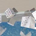 Transparent Cube Sculpture Featuring Floating Text Elements On Blue Water Surface 3d model