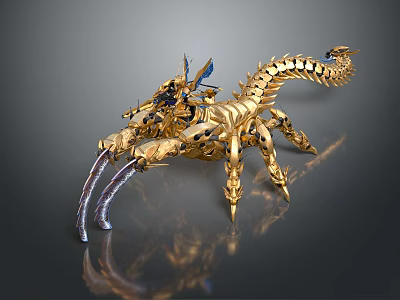Golden Mechanical Scorpion Game Movie Character Featuring Intricate Blue Accents And Armored Exoskeleton 3d model