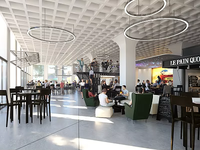 Modern Cafe Front Desk Reception With Open Space And Hanging Lights 3d model