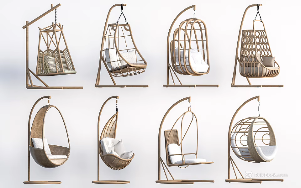 Modern Hanging Chair Collection With Rattan Weave Wooden Frames And Various Styles 3d model 