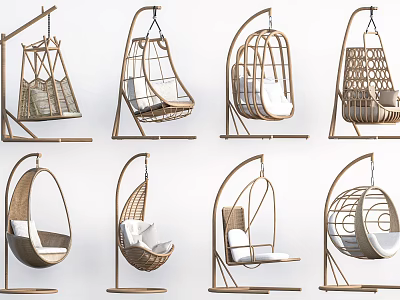 Modern Hanging Chair Collection With Rattan Weave Wooden Frames And Various Styles 3d model