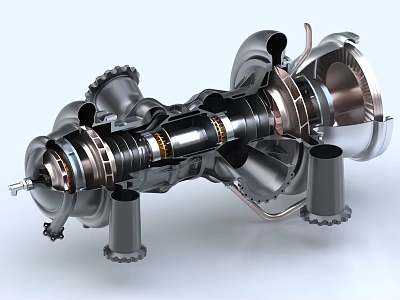 Detailed Turbine Engine Internal Structure With Metal Shaft Turbine Blades And Mechanical Components 3d model