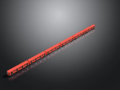 Long Red Train Model with Multiple Carriages on Black Background with Reflection 3d model