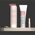 Various Cosmetic Products On Marble Display Stand Including Bottles And Lipstick