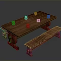 Rustic Solid Wood Dining Table With Matching Bench And Orange Decor Items On Top