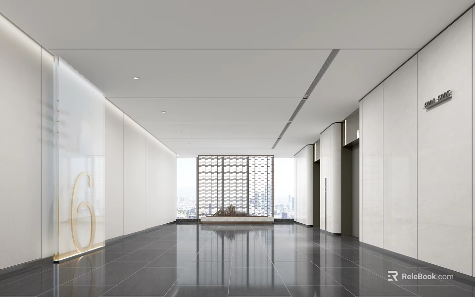 Modern Elevator Lobby With Sleek Tiles Number 6 And City View 3d model 