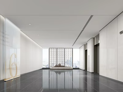 Modern Elevator Lobby With Sleek Tiles Number 6 And City View 3d model