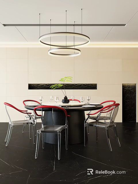 Modern Restaurant Interior With Round Table Red Chairs Hanging Lights And Green Plant Decor 3d model 