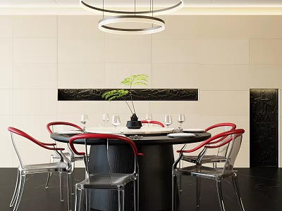 Modern Restaurant Interior With Round Table Red Chairs Hanging Lights And Green Plant Decor 3d model
