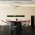 Modern Restaurant Interior With Round Table Red Chairs Hanging Lights And Green Plant Decor