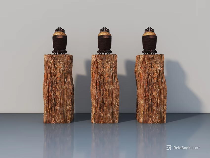 Three Wooden Cabinets Featuring Hinged Doors With Decorative Containers On Top 3d model