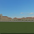 Mediterranean Style Commercial Complex With Red Roof Multiple Connected Buildings Open Front Area Blue Sky
