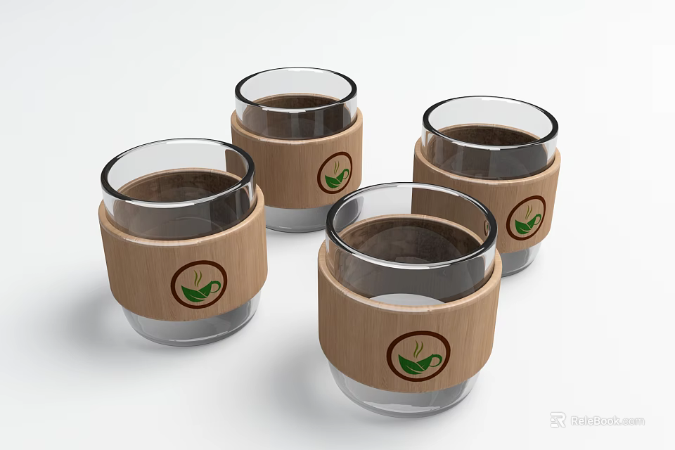 Set Of Four Transparent Glass Cups With Wooden Sleeves And Green Leaf Patterns 3d model 